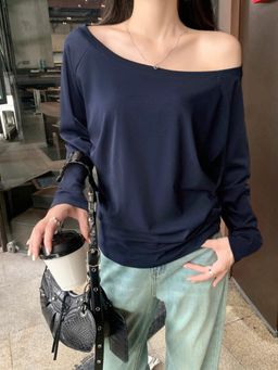 Outzidr - Navy Blue Broad Shoulder Full Sleeves Top