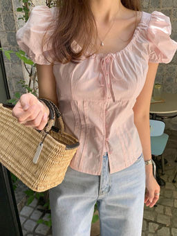 Outzidr - Pink Puff Sleeve Front Tie Up Top