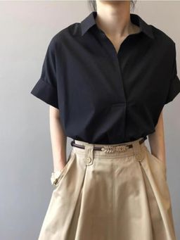 Outzidr - Women Black Solid Boxy Half Sleeves Shirt