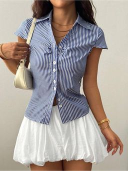 Outzidr - Women Navy Blue Collared Neck Stripes Shirt