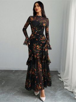 Outzidr - Black Bell Sleeves Printed Tiered Dress