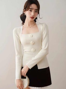 Outzidr - White Solid/Plain Square Neck Full Sleeves Top