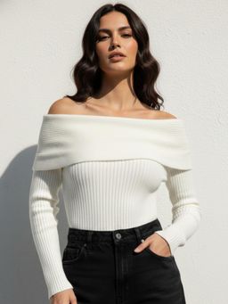 Outzidr - Cream Off Shoulder Full Sleeve Top