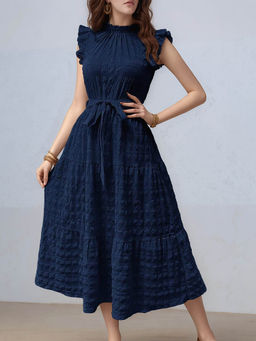 Outzidr - Navy Blue Short Ruffle Sleeve Mock Neck Dress with Belt
