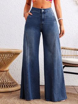 Outzidr - Blue Solid Wide Jeans
