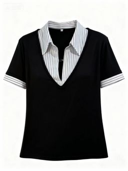 Outzidr - Short Sleeve Contrast Collar Fitted Black Top
