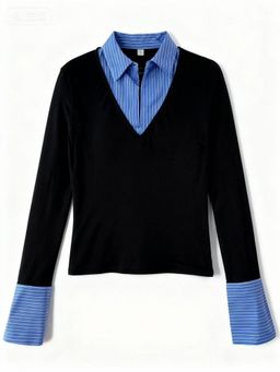Outzidr - Full Sleeve Contrast Collar Fitted Black Top