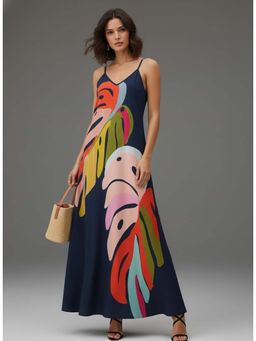 Outzidr - Navy Blue Bold Printed Vacation Dress