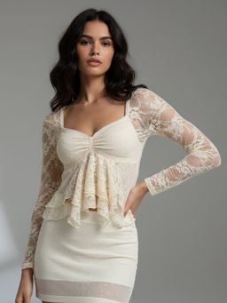 Outzidr - Cream Sweetheart Neckline Lace Top