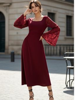 Outzidr - Maroon Polyester Square Neck Solid A-Line Dress