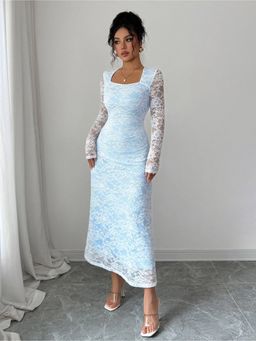 Outzidr - Blue Polyester Square Neck Embroidered Bodycon Dress
