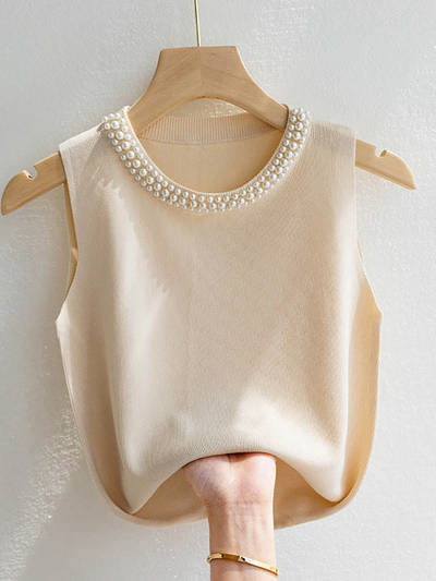 Cream Pearl Studded Tank Top