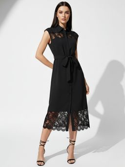 Outzidr - Black Sleeveless Lace Detail Dress