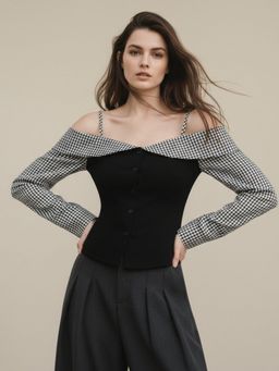 Outzidr - Black Cold Shoulder Checkered Top