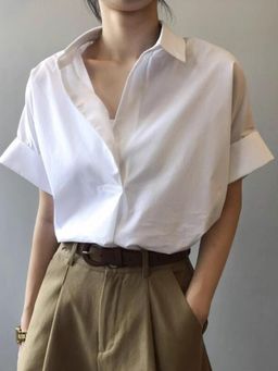 Outzidr - White Boxy Rolled Short Sleeves Shirt