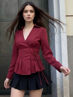 Outzidr - Burgundy Collared Side Tie Up Top