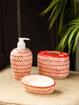 ExclusiveLane - Red Chevrons Handpainted Ceramic Bathroom Accessory Set (Set Of 3)