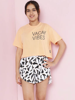 Lil Tomatoes - Peach Girls Cotton Half Sleeve Printed T-shirt and Shorts (Set of 2)