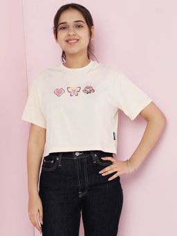 Lil Tomatoes - Cream Girls Cotton Half Sleeve Print T-Shirt