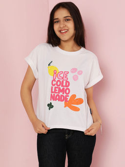 Lil Tomatoes - White Girls Cotton Half Sleeve Printed T-Shirt