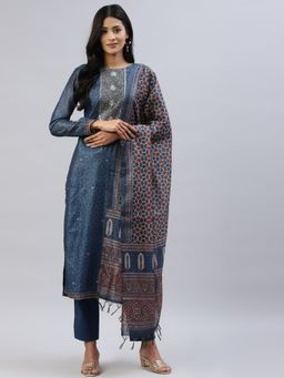 Readiprint - Navy Blue Chanderi Silk Unstitched Dress Material (Set of 3)