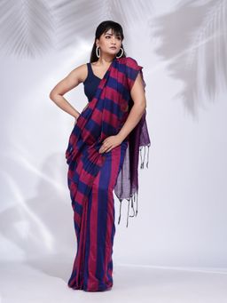 CHARUKRITI - Magenta and Blue Pure Cotton Handwoven Saree with Stripe Pallu with Unstitched Blouse