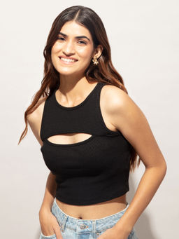 Twenty Dresses by Nykaa Fashion - Basics Black Ribbed Cutout Crop Tshirt