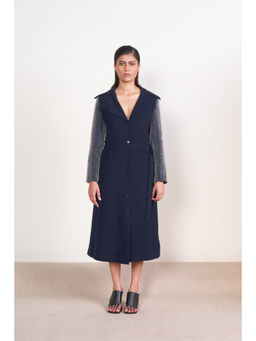 SOMYA GOYAL - Textured Sleeve Trench Dress with Belt - Navy Blue