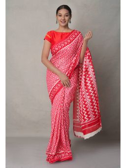 Unnati Silks - Pink Pure Block Printed Cotton Saree with Unstitched Blouse