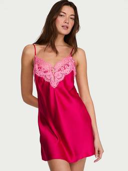 Victoria's Secret - Dream Angels Satin Lace-Trim Short Nightdress Pink