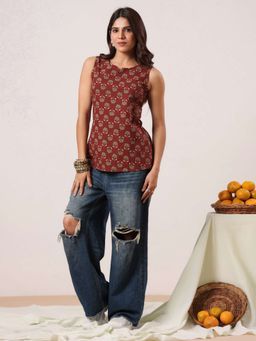 Rimeline - Women Printed V- Neck Sleeveless Pure Cotton Kurti