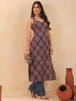 Rimeline - Women Ethnic Motifs Printed Sweetheart Neck Sleeveless Kurta