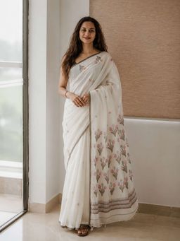 AMRUTKALA SAREES - White Designer Linen Printed Saree and Unstitched Blouse Piece