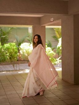 AMRUTKALA SAREES - White Designer Linen Printed Saree and Unstitched Blouse Piece