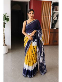 AMRUTKALA SAREES - Navy Blue Designer Linen Printed Saree and Unstitched Blouse Piece