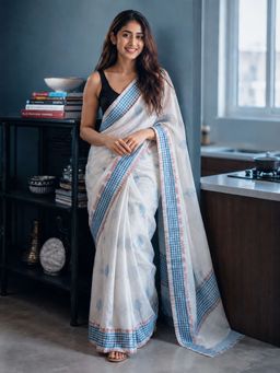 AMRUTKALA SAREES - White Designer Linen Printed Saree and Unstitched Blouse Piece