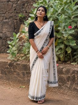 AMRUTKALA SAREES - White Designer Linen Printed Saree and Unstitched Blouse Piece
