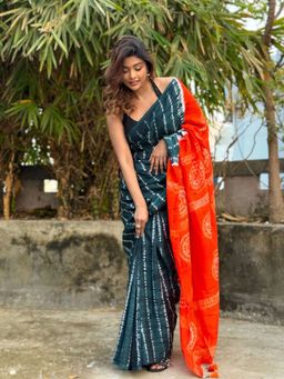 AMRUTKALA SAREES - Navy Blue Designer Linen Printed Saree and Unstitched Blouse Piece