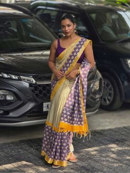 AMRUTKALA SAREES - Beige Designer Linen Printed Saree and Unstitched Blouse Piece