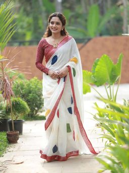 AMRUTKALA SAREES - White Designer Linen Printed Saree and Unstitched Blouse Piece