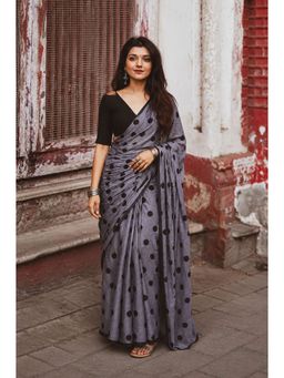 AMRUTKALA SAREES - Grey Designer Linen Printed Saree and Unstitched Blouse Piece
