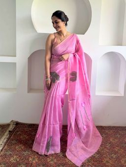 AMRUTKALA SAREES - Pink Designer Linen Printed Saree and Unstitched Blouse Piece