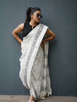 AMRUTKALA SAREES - White Designer Linen Printed Saree and Unstitched Blouse Piece