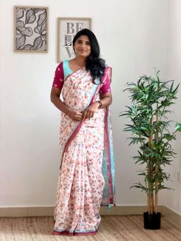AMRUTKALA SAREES - Beige Designer Linen Printed Saree and Unstitched Blouse Piece