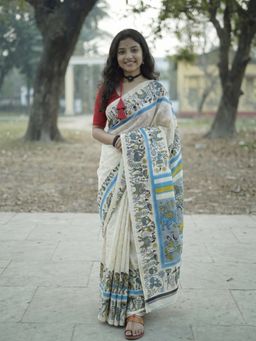 AMRUTKALA SAREES - White Designer Linen Printed Saree and Unstitched Blouse Piece