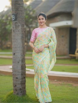 AMRUTKALA SAREES - Green Designer Linen Printed Saree and Unstitched Blouse Piece