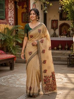 KAYOMMI - Women Beige Soft Cotton Floral Printed Saree and Unstitched Blouse Piece