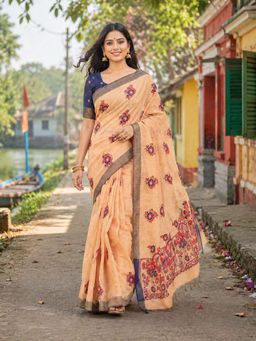 KAYOMMI - Women Peach Printed Soft Cotton Saree with Elegant Border and Unstitched Blouse Piece