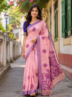 KAYOMMI - Women Pink Soft Cotton Floral Printed Saree and Unstitched Blouse Piece