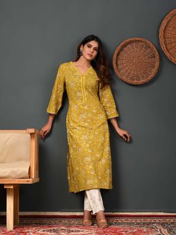 Rimeline - Women Printed V-Neck Pure Cotton Straight Kurta